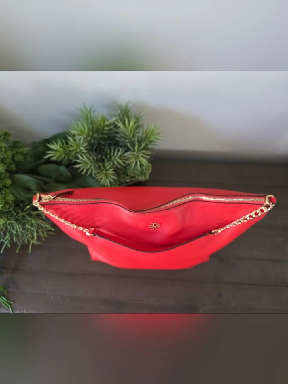 Tory Burch Carter Slouchy Hobo Poppy Red Pebbled Leather Chain Shoulder Bag